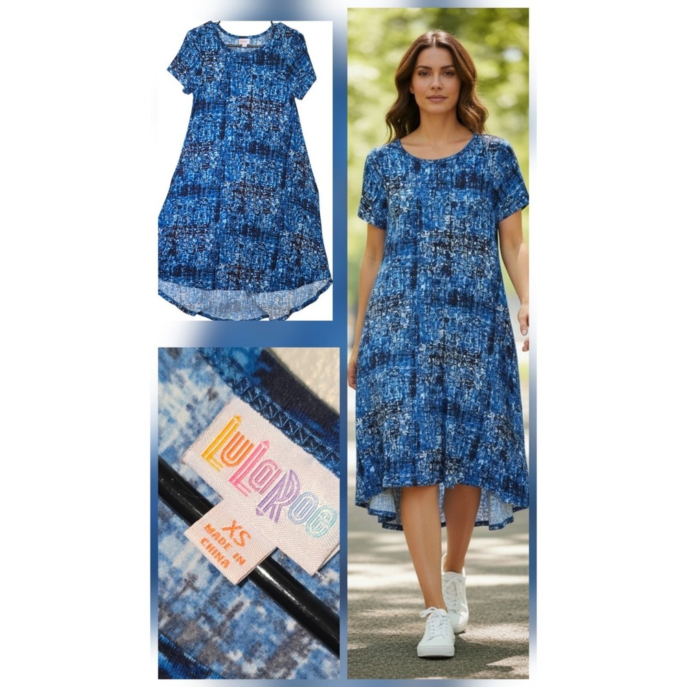 LuLaRoe Carly Dress Size XS Blue Glitch Abstract Print High Low Short Sleeve